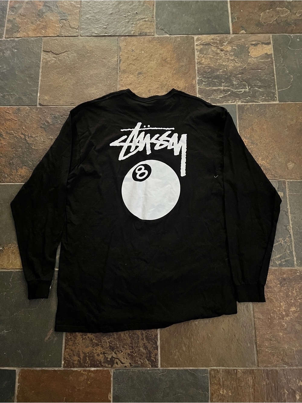 Stussy Men's Black Long Sleeve Graphic Tee - White 8-Ball Logo